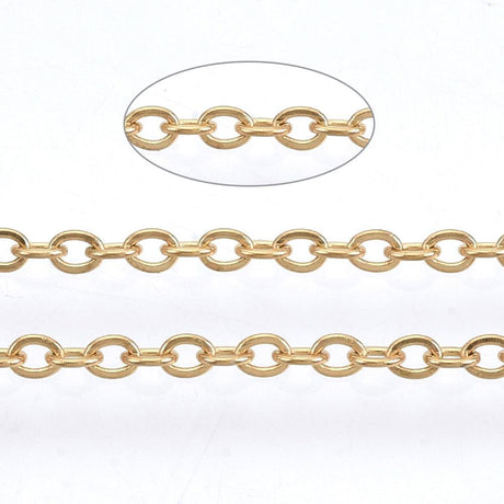 Vandfast Klassisk Kæde – Rustfrit Stål, 18K Forgyldt (3x2x0,5mm) 50m - Uniq Perler - 111443