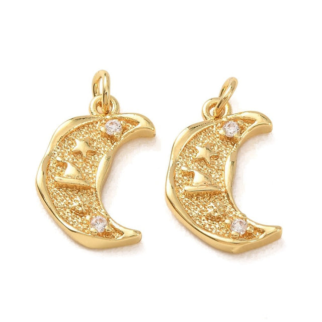 Vandfast Måne Og Stjerne Vedhæng Med Zirkonia – 18K Forgyldt Messing (15x10mm) - Uniq Perler - 125742