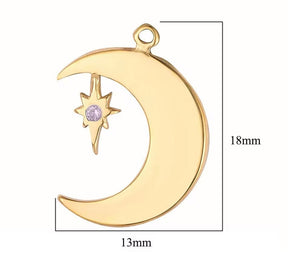 Water-resistant Moon Pendant With Purple Zirconia Stones, 18K Gold-plated Steel, 18x11x2mm - Uniq Perler - 563634