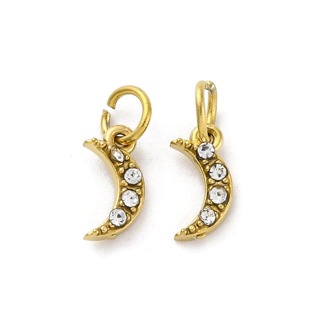 Vandfast Måne Vedhæng Med Rhinsten - Forgyldt Stål (7,5x3,5mm) - Uniq Perler - 114835