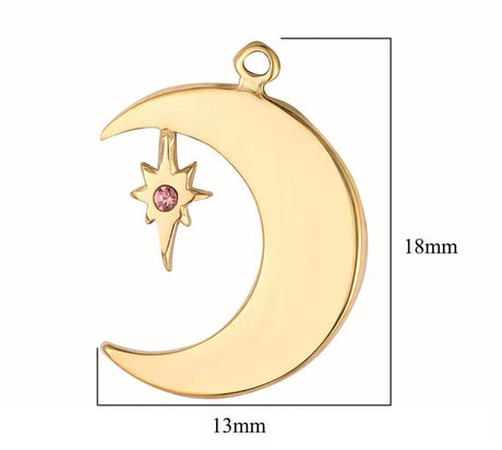 Vandfast Måne Vedhæng Med Rosa Zirkonia Sten, 18K Forgyldt Stål, 18x11x2mm - Uniq Perler - 2344323