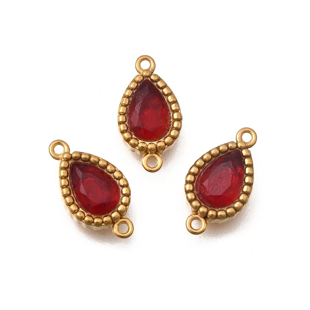 Vandfast Mellemled – Dråbeformet med Rød Zirkonia, Forgyldt (12x6mm) 2 stk - Uniq Perler - 