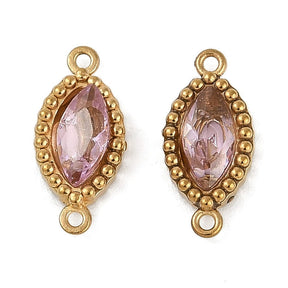 Water-resistant Intermediate Link With Pink Stone, 18K Gold-plated Steel, (13x6mm, 2 pcs.) - Uniq Perler - 113772