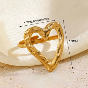 Water-resistant And Adjustable Heart Ring, Gold-plated Steel - Uniq Perler - 113253