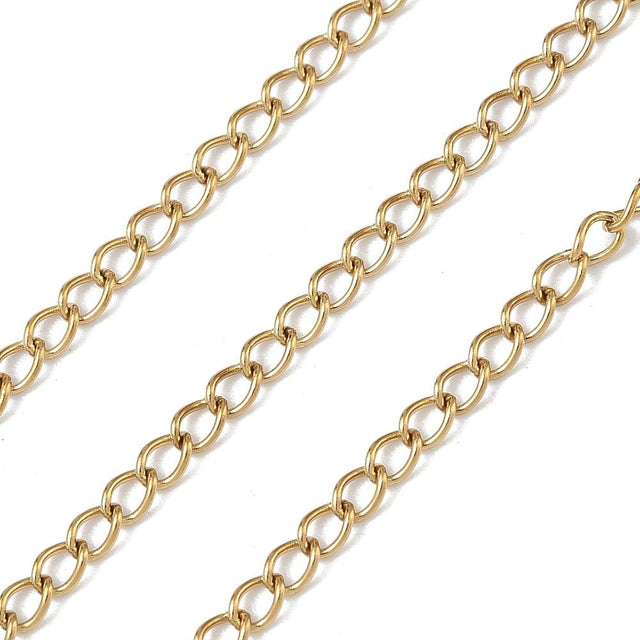 Vandfast Panser Kæde – 18K Forgyldt Stål (3x2x0,5mm, 1 meter) - Uniq Perler - 125030