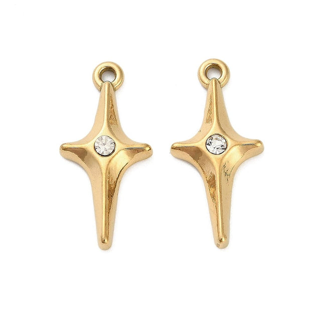Vandfast Stjerne Vedhæng Med Rhinsten Sten, 18K Forgyldt Stål, 25x11,5mm - Uniq Perler - 898804
