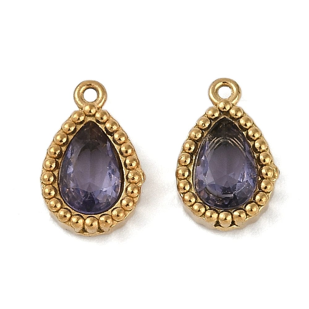 Vandfast Vedhæng Med Lilla Glas, 18K Forgyldt Stål, 10x6,5mm, 2 stk. - Uniq Perler - 113830