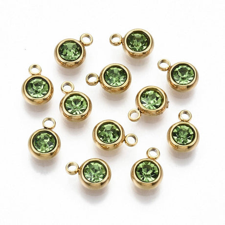 Vandfast Vedhæng med Rhinsten – 18K Forgyldt Stål, Grøn (8.5x6x3mm) 2 stk - Uniq Perler - 