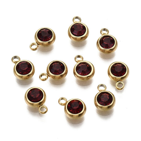 Vandfast Vedhæng med Rhinsten – 18K Forgyldt Stål, Rød (8.5x6x3mm) 2 stk - Uniq Perler - 
