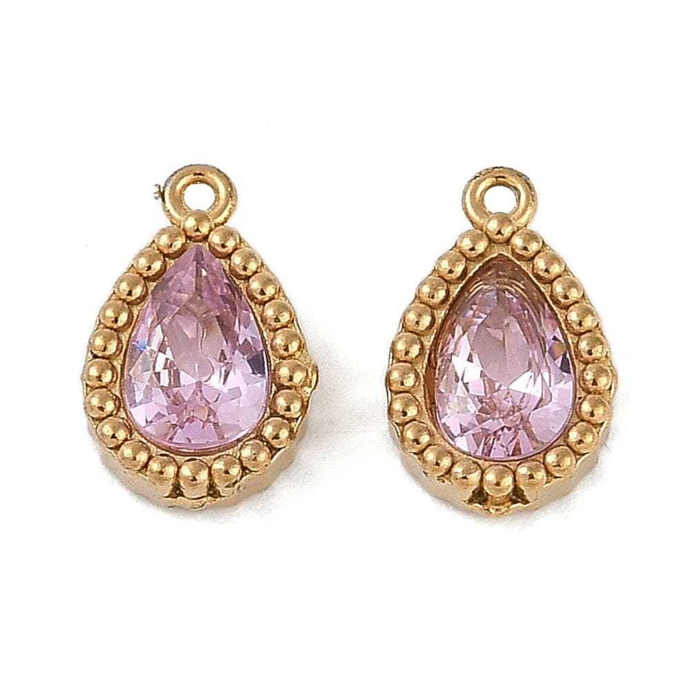 Vandfast Vedhæng Med Rosa Glas, 18K Forgyldt Stål, 10x6,5mm, 2 stk. - Uniq Perler - 113832