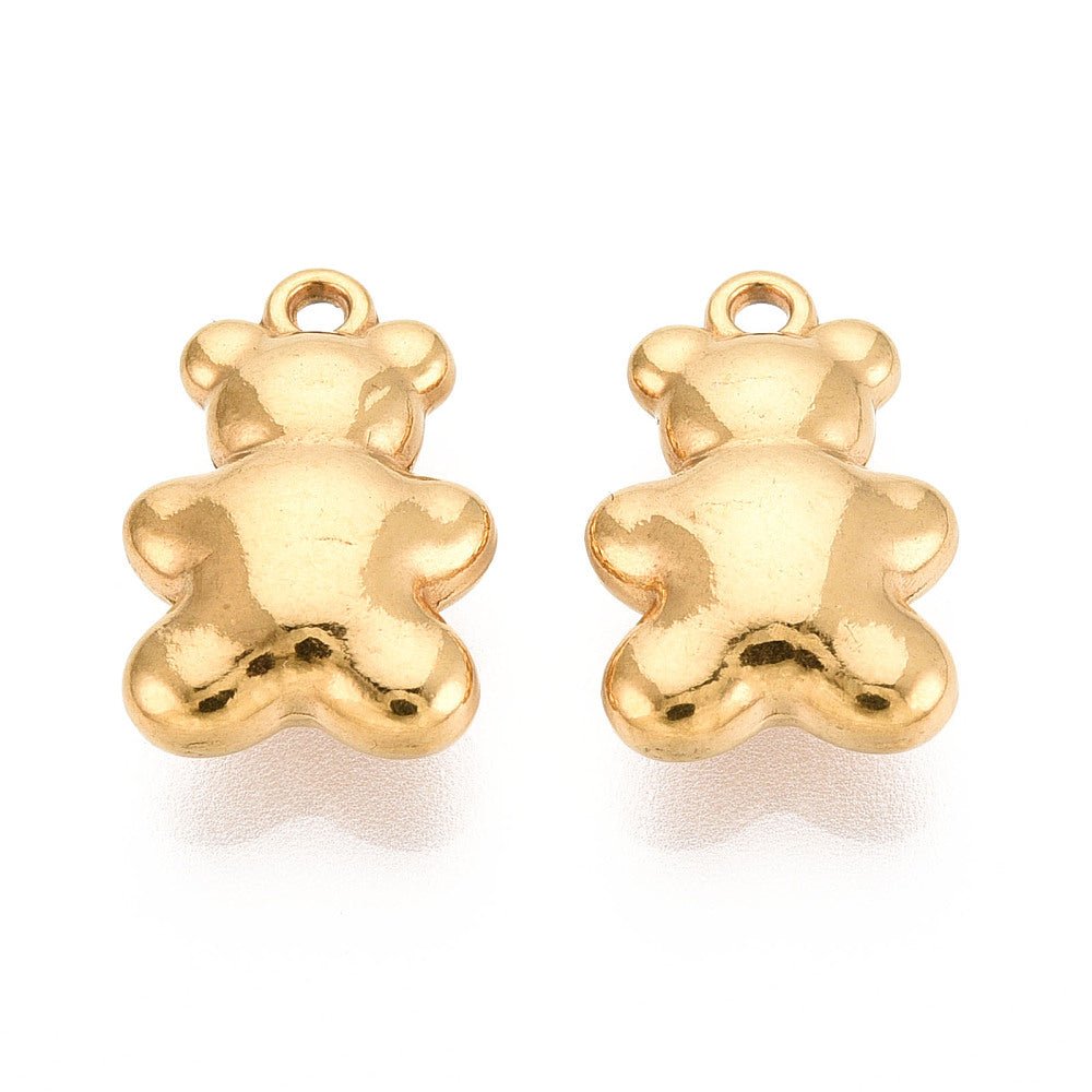 Vandfaste Bamse Vedhæng – 18K Forgyldt Stål (15.5x10x5mm) 2 stk - Uniq Perler - 