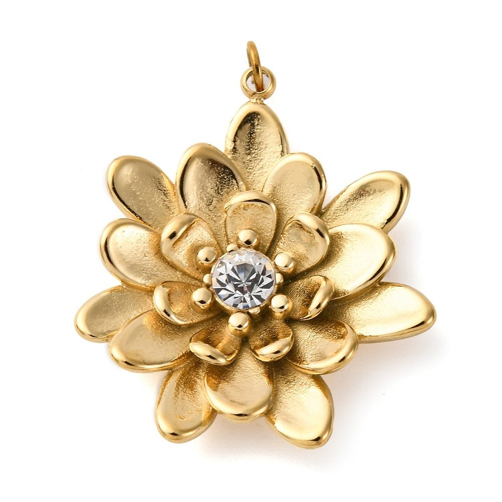 Vandfaste Blomster Vedhæng med Rhinsten – 18K Forgyldt Stål (26x23x4mm) - Uniq Perler - 
