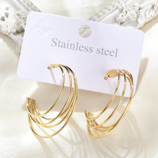 Vandfaste Creoler Med Flere Lag, 18K Forgyldt Stål,(32mm) - Uniq Perler - 114909