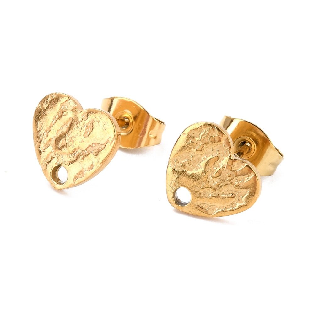 Water-resistant Heart Ear studs With Pattern - 18K Gold-plated Steel (12x9mm) - Uniq Perler - 117461