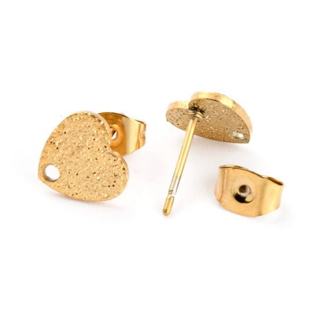 Water-resistant Heart Ear studs With Texture - 18K Gold-plated Steel (8.5x9mm) - Uniq Perler - 167556