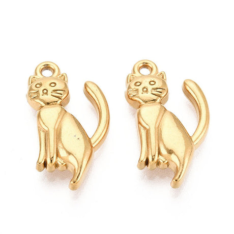 Vandfaste Katte Vedhæng – 18K Forgyldt Stål (20.5x11.5x3.5mm) 2 stk - Uniq Perler - 