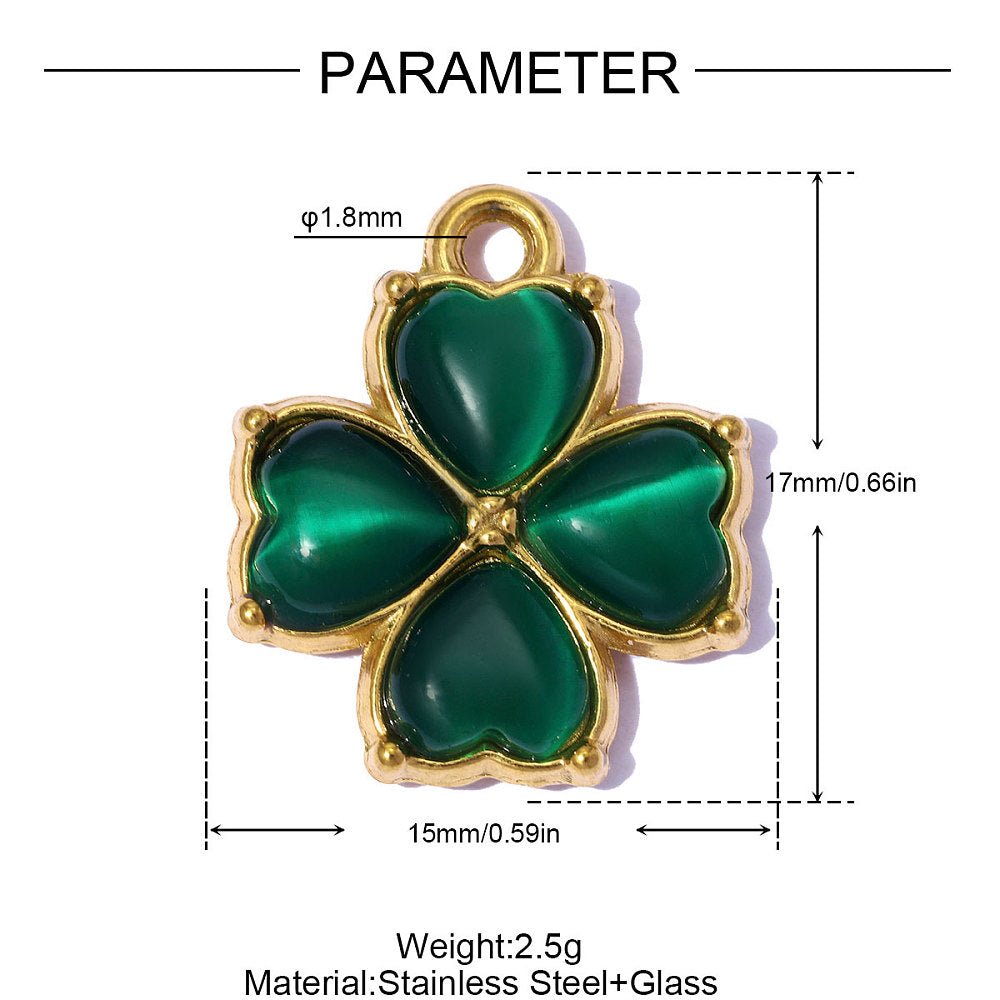 Vandfaste Kløver Vedhæng Med Cat Eye – Grøn, 18K Forgyldt Stål (17x15mm) - Uniq Perler - 121463