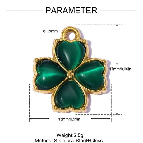Vandfaste Kløver Vedhæng Med Cat Eye – Grøn, 18K Forgyldt Stål (17x15mm) - Uniq Perler - 121463