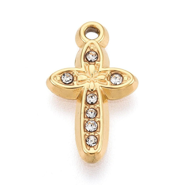 Vandfaste Kors Vedhæng – 18K Forgyldt Stål Med Rhinsten (16x9.5x2mm) - Uniq Perler - 118943