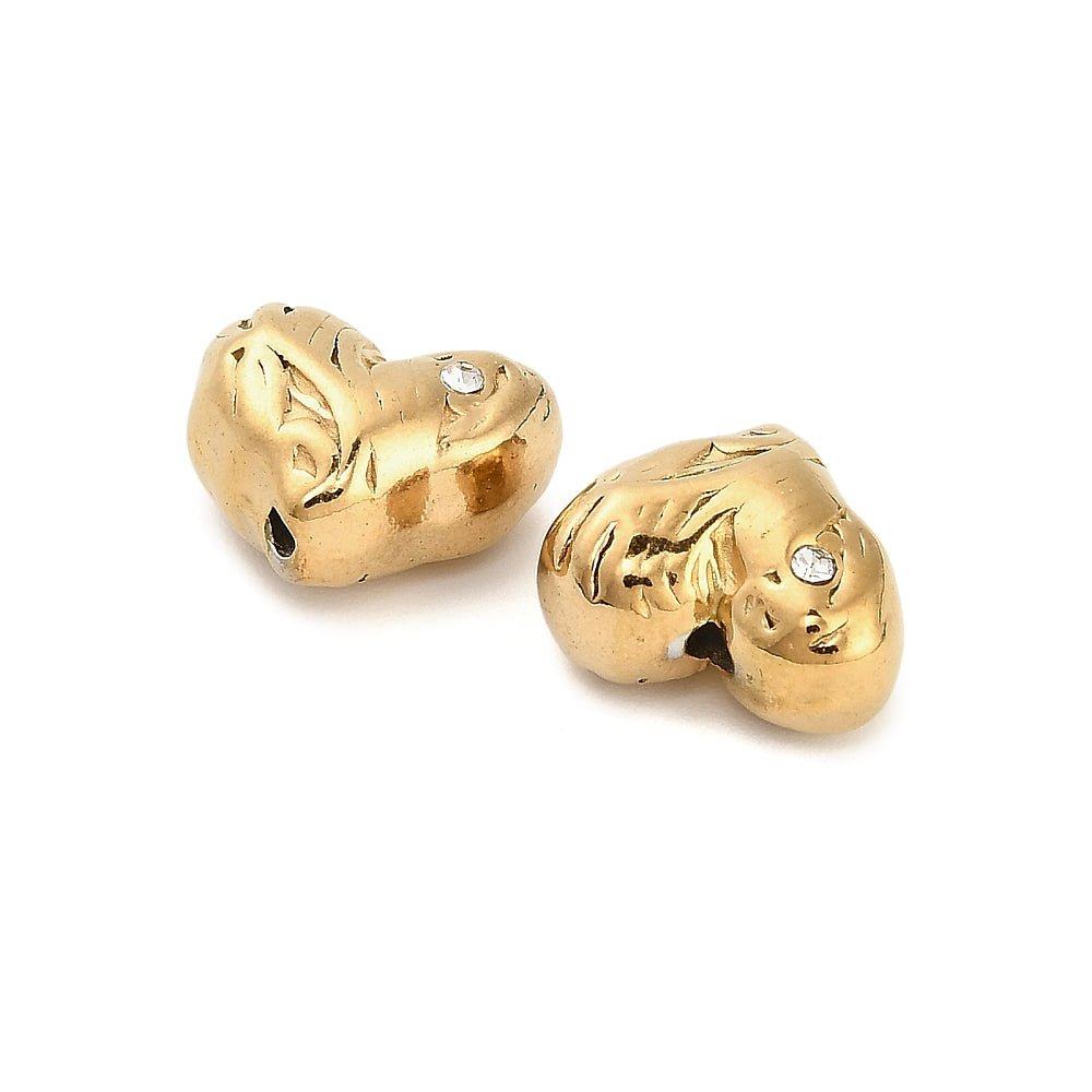 Vandfaste Organiske Hjerte Stål Perler – Rhinsten, 18K Forgyldt Stål (9,5x11mm) 2 stk - Uniq Perler - 