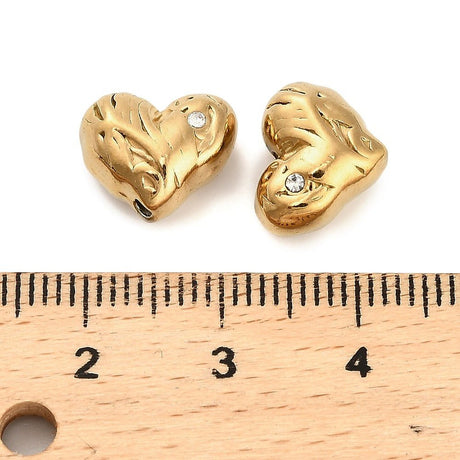 Vandfaste Organiske Hjerte Stål Perler – Rhinsten, 18K Forgyldt Stål (9,5x11mm) 2 stk - Uniq Perler - 