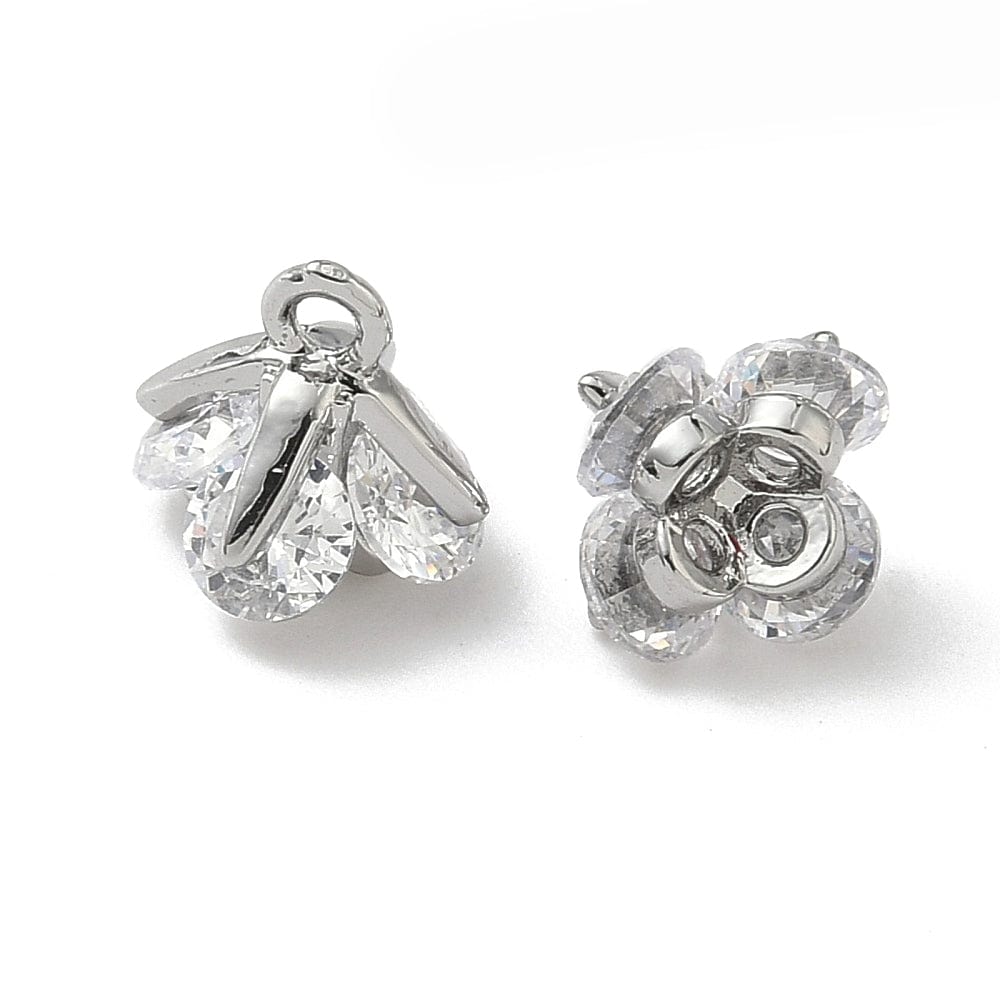 Vedhæng– Blomst m. Zirkonia, Platin farvet Messing (8,5mm) 4 stk. - Uniq Perler - 115694