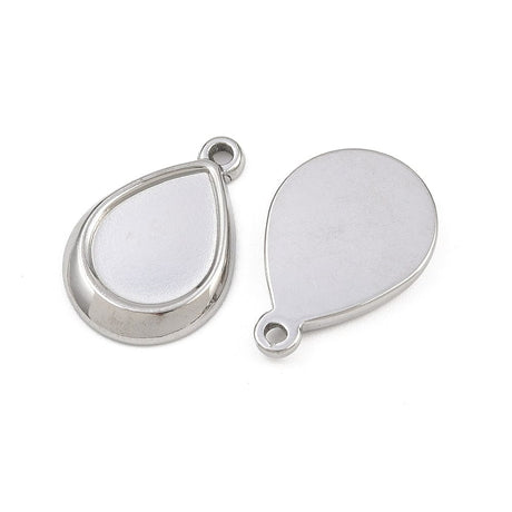 Vedhæng i Rustfrit Stål – Dråbe Cabochon Fatning, Sølvfarve (13x18mm, 2 stk) - Uniq Perler - 116193