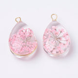 Vedhæng - Klar Dråbe Med Pink Blomst (22x13mm) - Uniq Perler - 115240