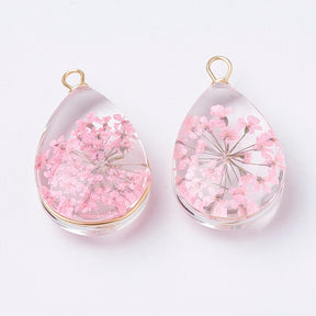 Pendant - Clear Drop With Pink Flower (22x13mm) - Uniq Perler - 115240