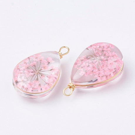 Vedhæng - Klar Dråbe Med Pink Blomst (22x13mm) - Uniq Perler - 115240