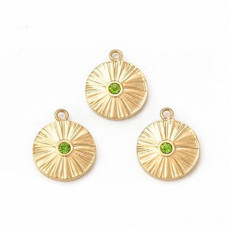 Vedhæng Med Grøn Rhinsten Og Rillet Look, 18K Forgyldt Stål, 13,5x11x2mm - Uniq Perler - 0000014647