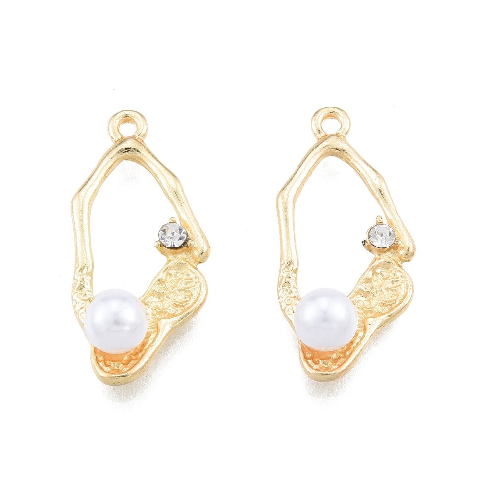 Vedhæng Med Rhinsten Og Hvid Perle, Forgyldt, (25x13mm, 2 stk.) - Uniq Perler - 111758