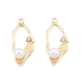 Pendant With Rhinestones And White Pearl, Gold-plated, (25x13mm, 2 pcs.) - Uniq Perler - 111758