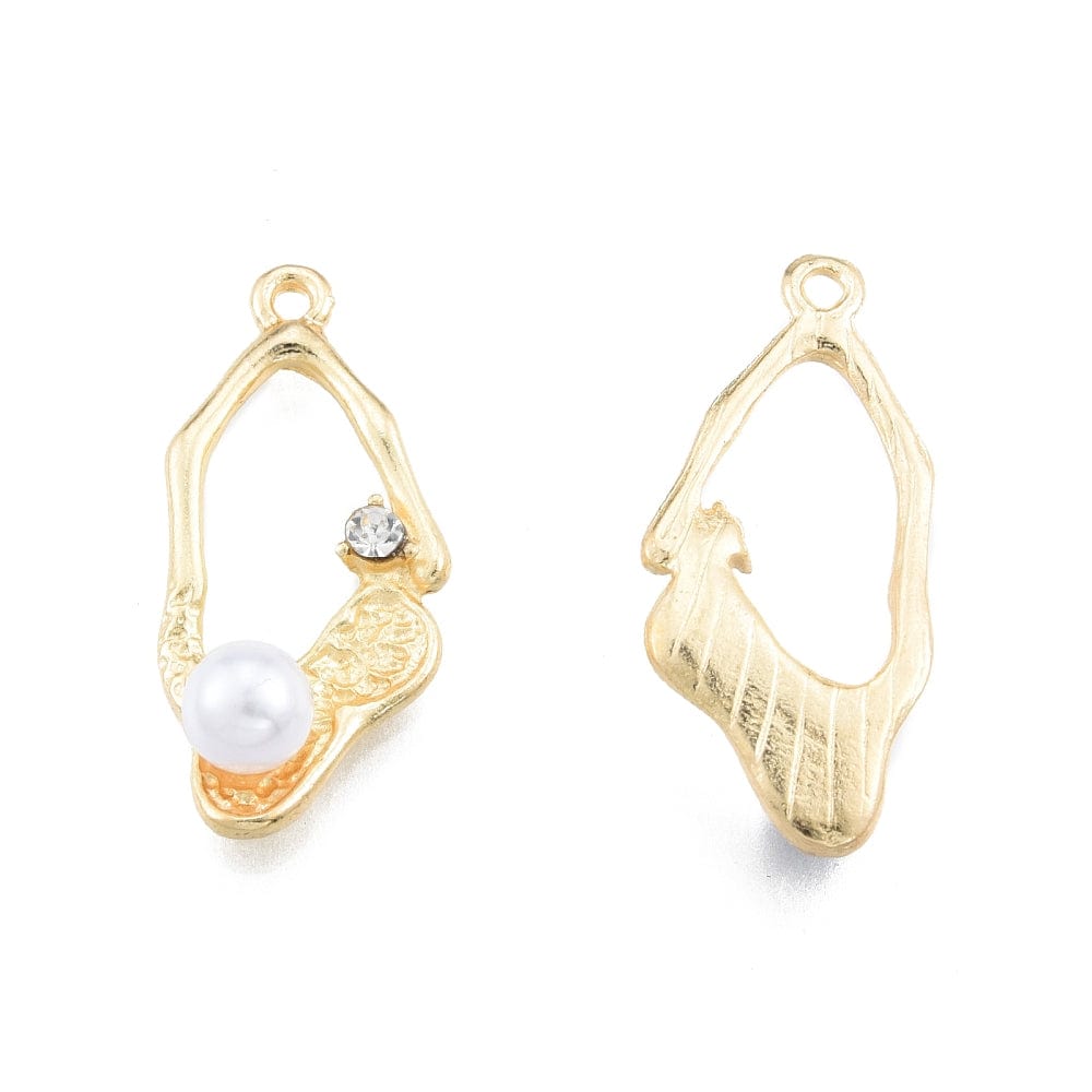 Vedhæng Med Rhinsten Og Hvid Perle, Forgyldt, (25x13mm, 2 stk.) - Uniq Perler - 111758