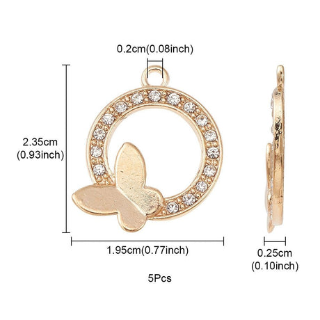 Vedhæng med Sommerfugl og Rhinsten – Gylden (23,5mm) - Uniq Perler - 