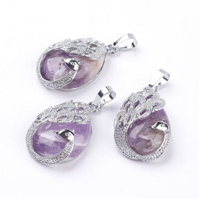 Amethyst Pendant With Peacock, Purple, 33x20x6.5mm - Uniq Perler - 227845