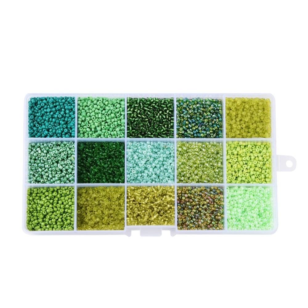 DIY Kasse Med 15 Farver Seed Beads - Grøn Mix (2mm) - Uniq Perler - 024837271838