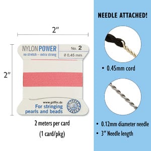 Griffon Nylon Tråd Med Nål – Pink, Str. 2 (0,45mm), 2m - Uniq Perler - 841054007306