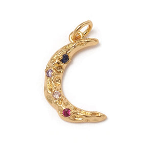Moon Pendant With Colored Zirconia Stone, Durable Gold plating, 19x12mm - Uniq Perler - 498825