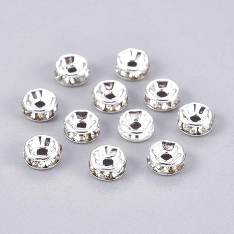 Pandahall Metal perler Forsølvet 6 mm rondeller med klar sten. 50 stk.