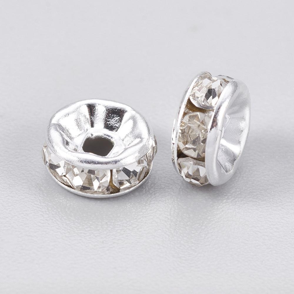 Pandahall Metal perler Forsølvet 6 mm rondeller med klar sten. 50 stk.
