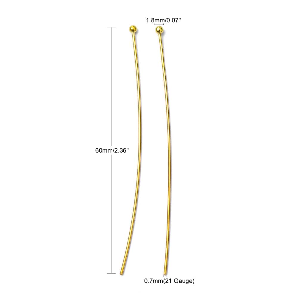 Perlestave Med Rundt Hoved – Forgyldt (60x0,7mm), 25 Stk - Uniq Perler - 0000013430