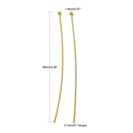 Perlestave Med Rundt Hoved – Forgyldt (60x0,7mm), 25 Stk - Uniq Perler - 0000013430