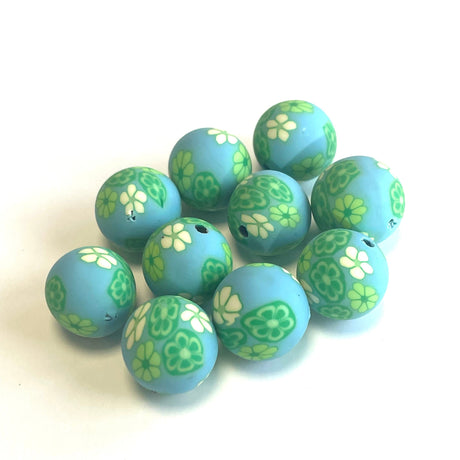 Uniq Perler Enkelt perler og sæt Fimo perler blå med grønne blomster str 14 mm. 10 stk