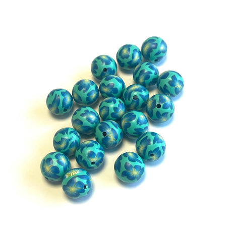 Uniq Perler Enkelt perler og sæt Fimo perler grøn med blå blomster str 12 mm. 20 stk