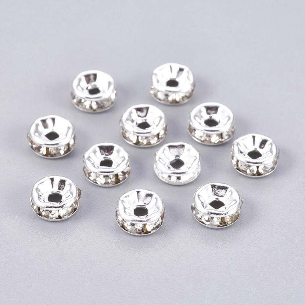 Uniq Perler Metal perler Forsølvet 6 mm rondeller med klar sten. 100 stk.