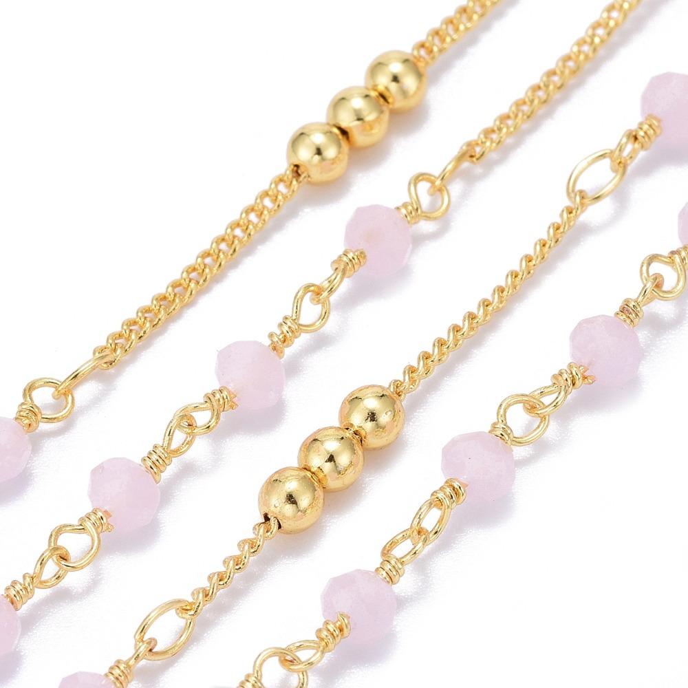 Uniq Perler Metervarer etc. Forgyldt kæde med rosa glas perler (pris pr. meter)