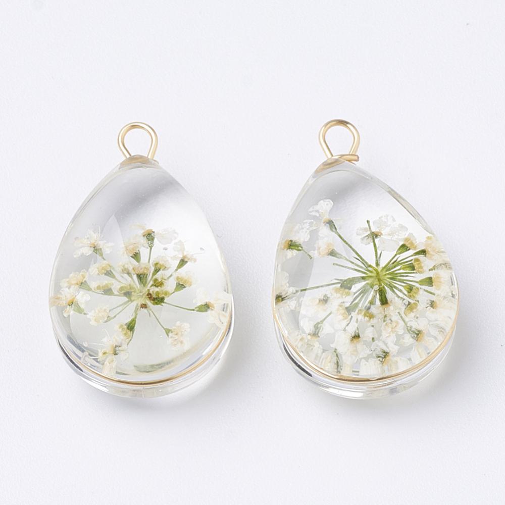 Vedhæng - Klar Dråbe Med Grøn Blomst (22x13mm) - Uniq Perler - 0000006004