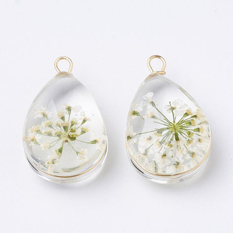 Vedhæng - Klar Dråbe Med Grøn Blomst (22x13mm) - Uniq Perler - 0000006004