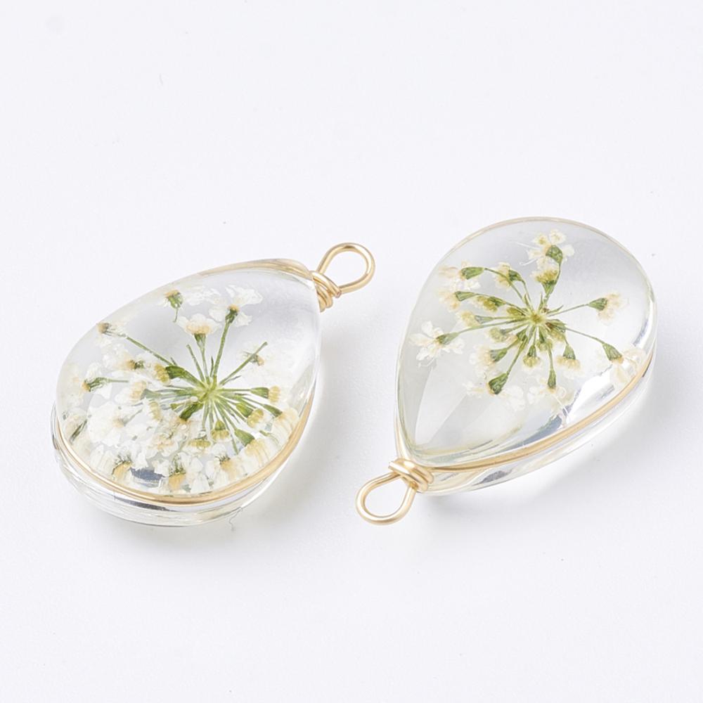 Vedhæng - Klar Dråbe Med Grøn Blomst (22x13mm) - Uniq Perler - 0000006004